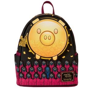 Loungefly Squid Game Piggy Bank Masked Men Glow Backpack - Black, Pink, Gold